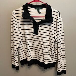Ralph Lauren Button Collar Top Size L Black and White Stripes